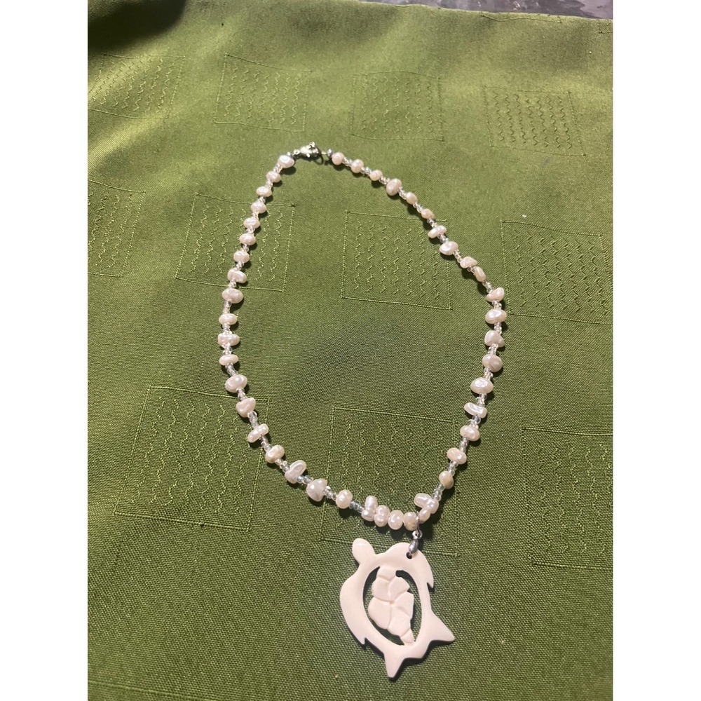White Freshwater Pearl Beaded Necklace Carved Sea Turtle Shell Pendant Coastal